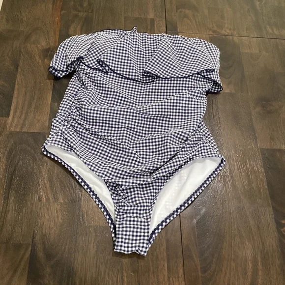 Gingham blue white ruffle bathing swimsuit removable straps Large Kona sol EUC - Picture 2 of 10